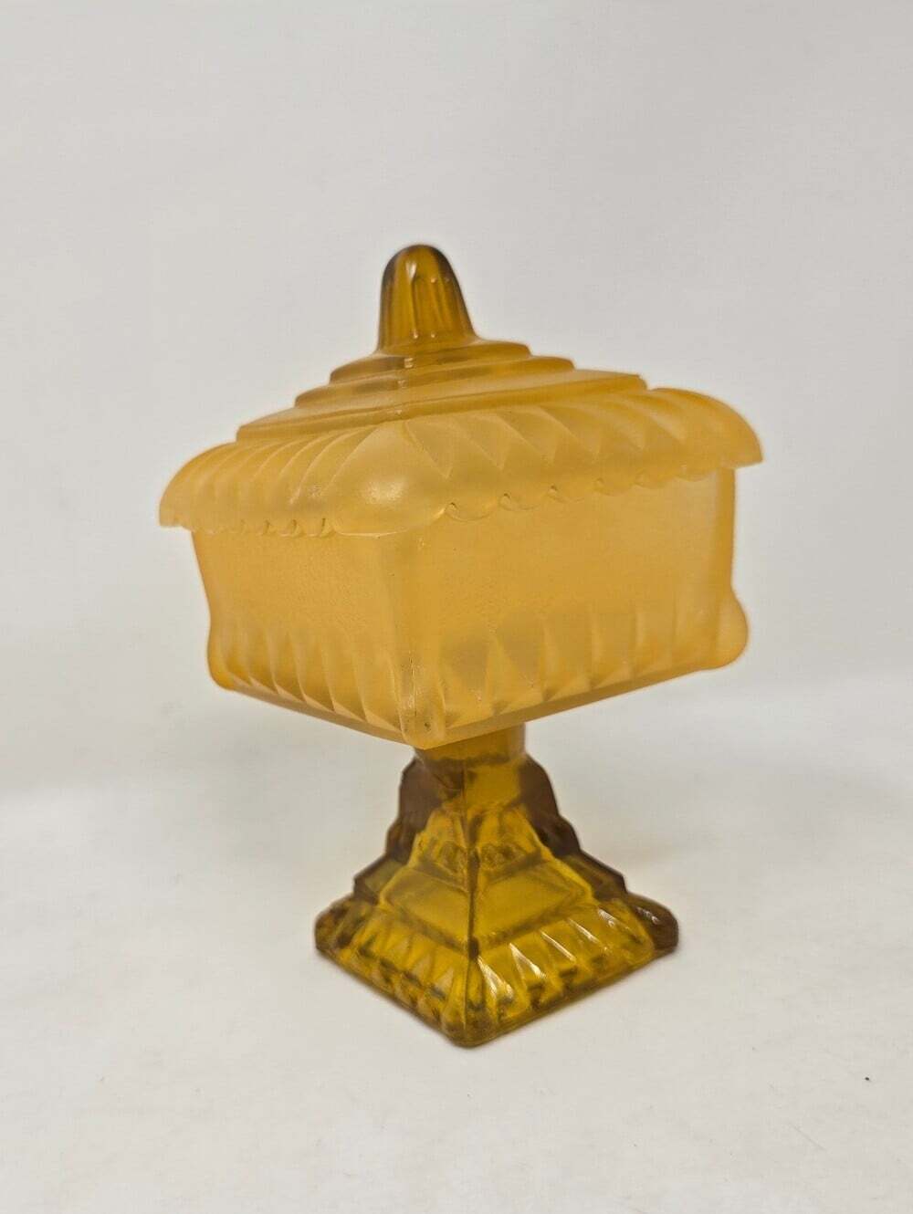Vintage Jeannette Glass Wedding Cake Box Frosted Amber Pedestal Candy Dish 50s